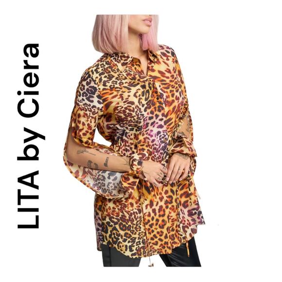LITA by Ciera womens small cheetah swirl silk shirt dress cute lux mini open sle - Picture 1 of 14